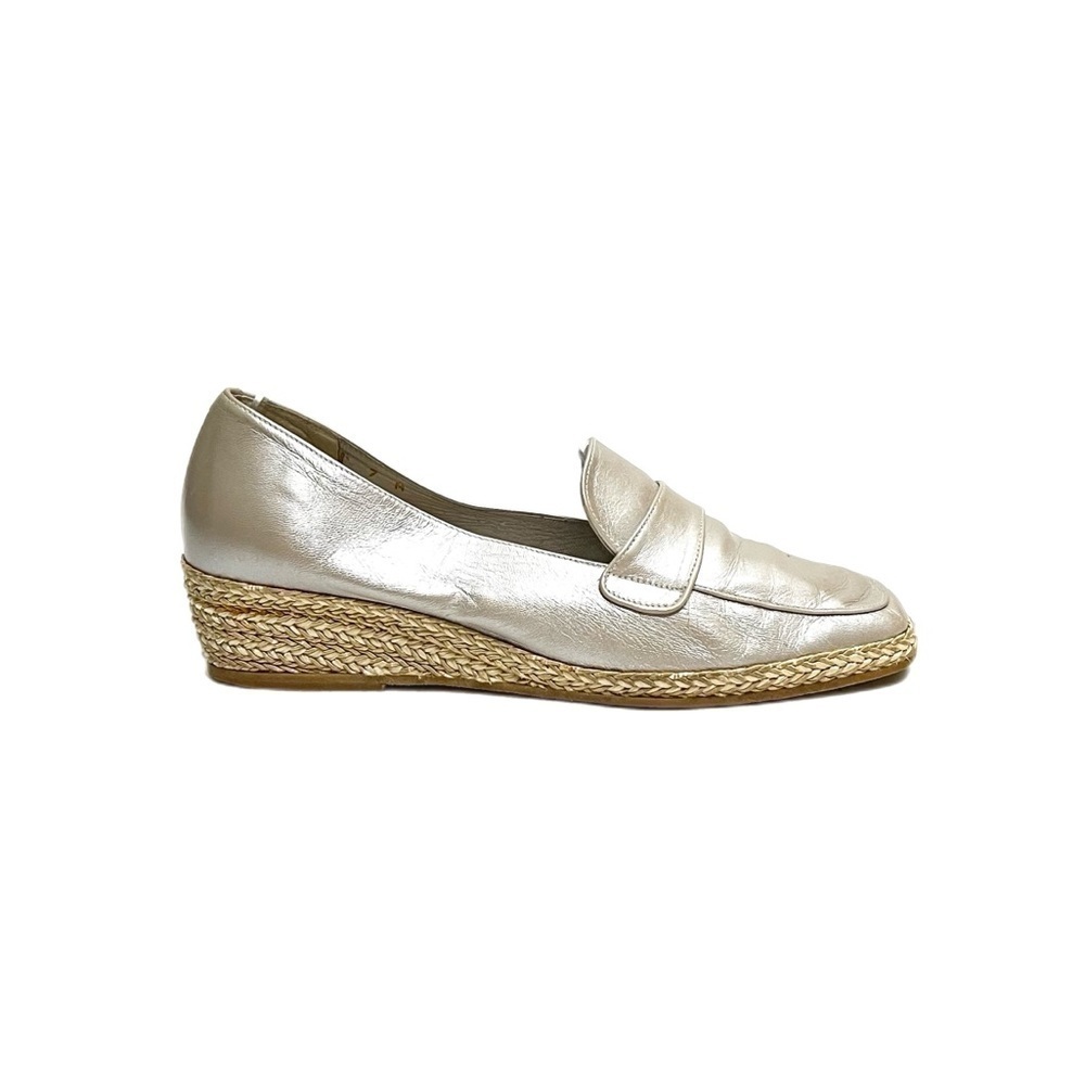 Vintage 1990s metallic silver leather slip on wedge espadrille loafers